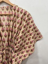 Women Beige Pink Cotton Kaftan Dress Boho Beach Cover Up Resort Wear