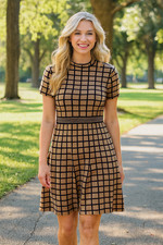 Tahari Grid Print Fit & Flare Dress Black Tan Short Sleeve Work Career Chic Sz L