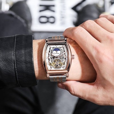 Barrel-shaped Automatic Mechanical Watch Tourbillon Sun Moon Stars Men's Watch