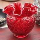 Fenton Amberina Double Crimped Ruffled Cut & Block Glass Rose Bowl Vase 1970s