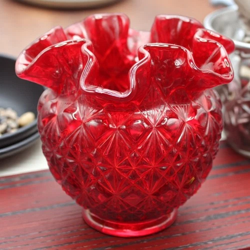 Fenton Amberina Double Crimped Ruffled Cut & Block Glass Rose Bowl Vase 1970s