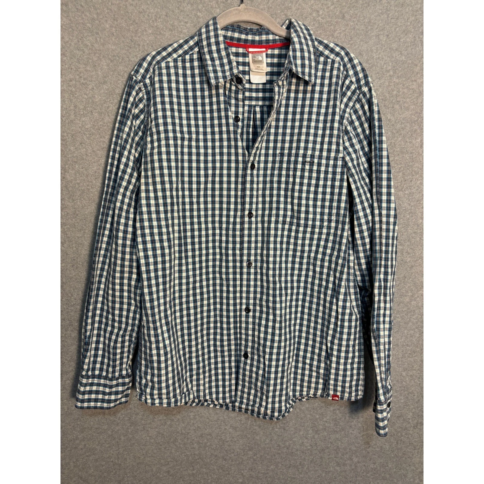 The North Face Button Down Shirt Men M Blue Plaid Cotton Outdoor Hiking Casual