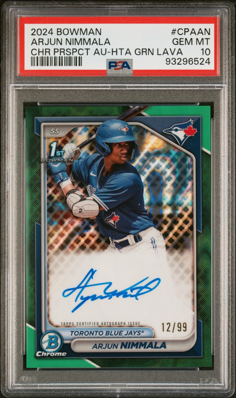 2024 Bowman Chrome Arjun Nimmala Green Lava Refractor Auto /99 CPA-AN PSA 10