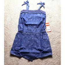 Cat Jack Kids Girls Denim Star Romper Jumpsuit Size S 6 6X Blue Tie Straps NWT