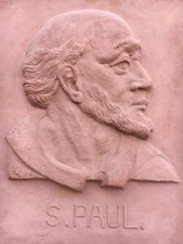 2025 SALE !  RARE  Religious Gothic  Terracotta Wall Plaque of St. Paul - Signed