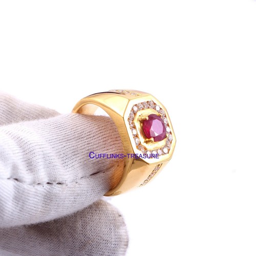 Natural Ruby & CZ Gemstones with 925 Sterling Silver 18 kt Gold Plated Ring #822 - Picture 3 of 4