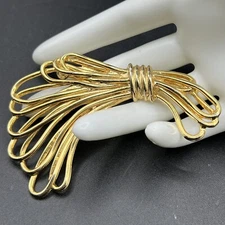 Vintage Abstract Bow Ribbon Brooch Gold Tone Large Retro Pin 3.5"
