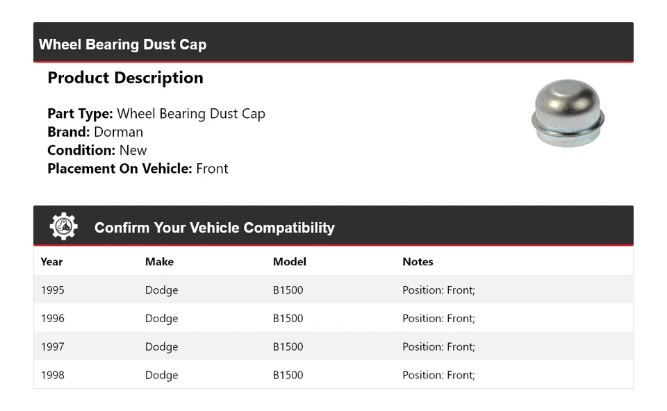 Tapa antipolvo para cojinete de rueda delantero 1996 1997 Dodge B1500 Dorman 1995-1998 Foto 2 de 4