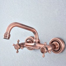 Antique Red Copper Bathroom Basin Sink Faucet Dual Handles Mixer Tap Wall Mount