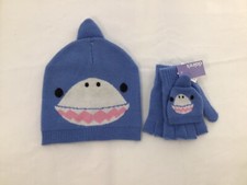Claires Girls Teens Blue Shark Beanie Hat and Glove Set