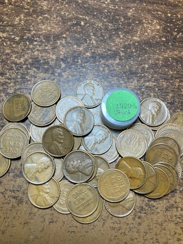 1929-S LINCOLN WHEAT CENT PENNY ROLL, all coins "very fine/extremely fine" grade