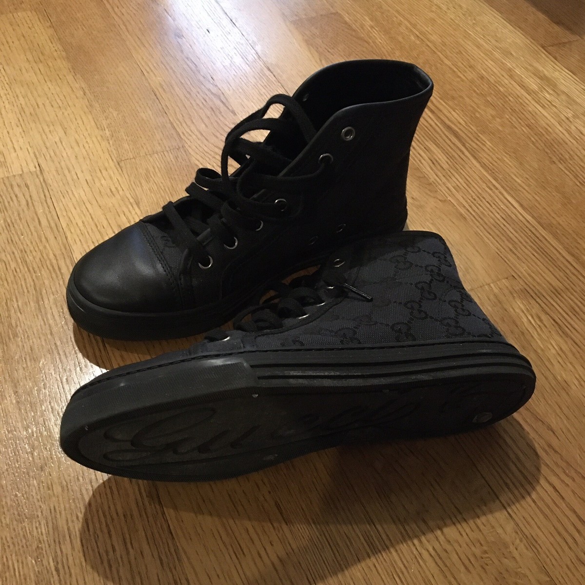 36EU Gucci High top Sneakers Black GG Canvas Leather Men Women