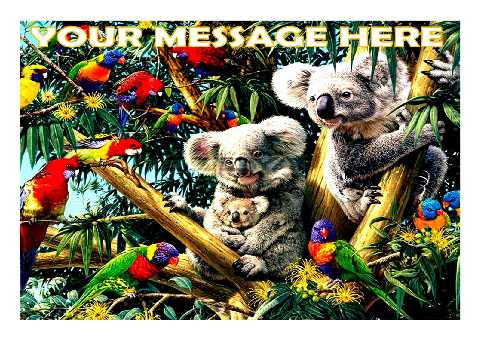 KOALAS AND PARROTS    A4 PERSONALISED  CAKE TOPPER EDIBLE ICING SHEET