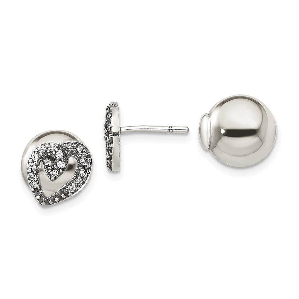 10mm Sterling Silver Polished w/CZ Heart Front Back Post Earrings