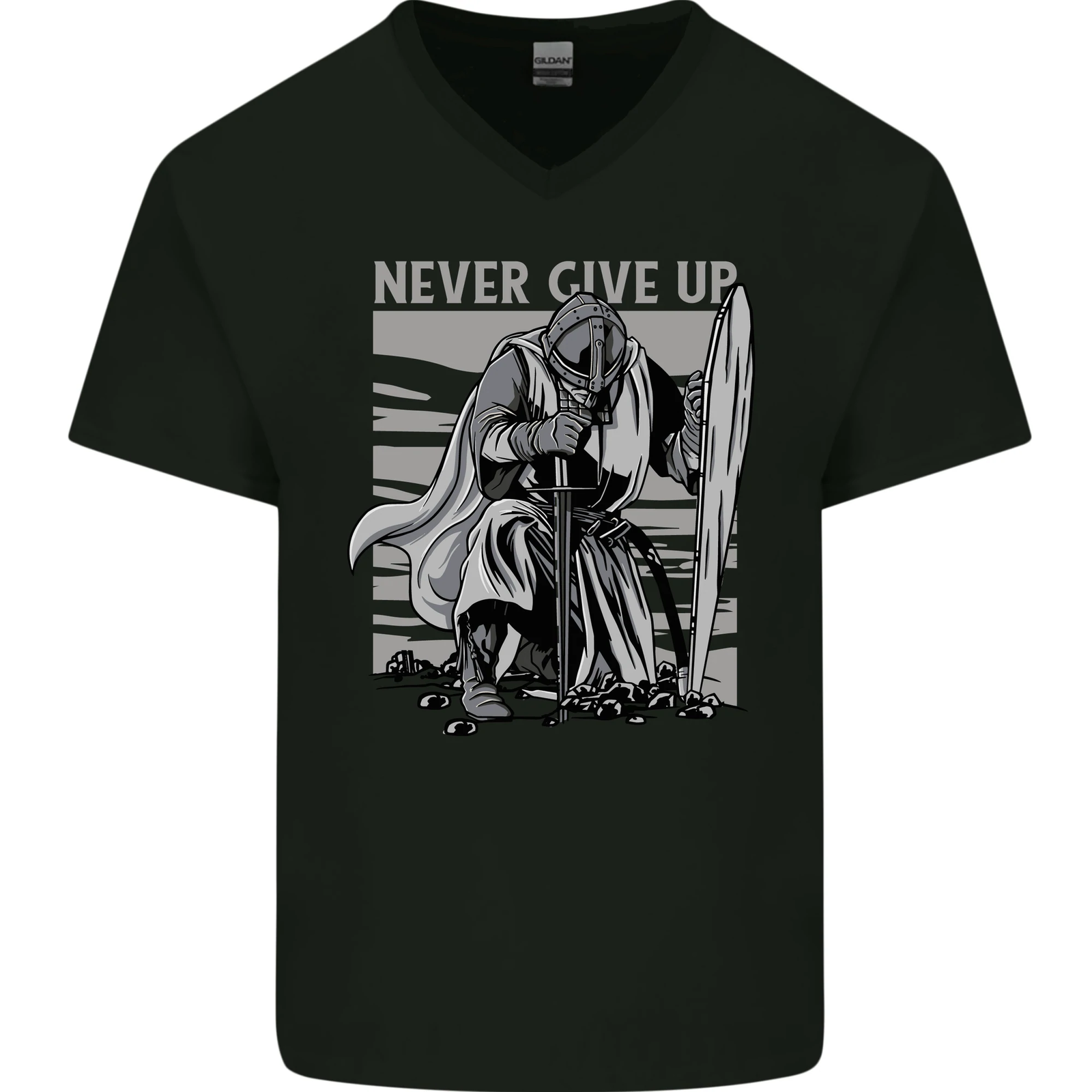 Teutonic Knight Never Give Up Crusader Gym Mens V-Neck Cotton T-Shirt-image