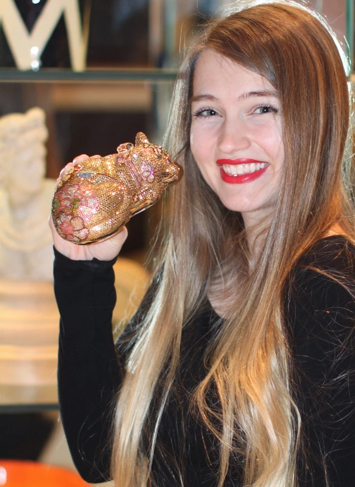 BOLSO DE NOCHE JUDITH LEIBER DESCANSANDO GATO BENGAL SWAROVSKI CRISTAL MINAUDIERE MONEDERO Foto 4 de 4