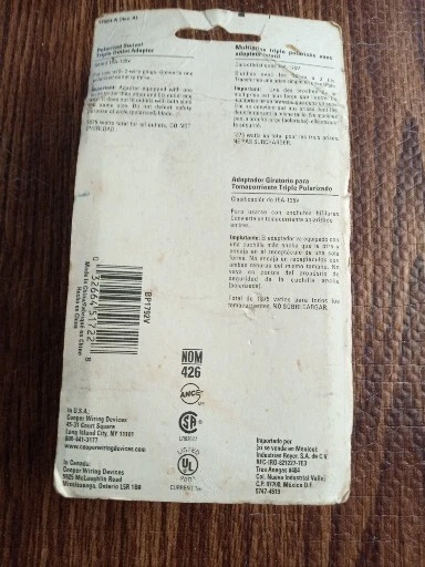 3-Outlet Tap Adapter, 15A, 125V, 1-15 Rating, Ivory White, Cooper Wiring Devices - Image 3 of 4