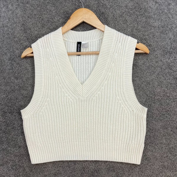 H&M Top Womens Small Cream White Knit Cropped Sleeveless Tank V-Neck 35607