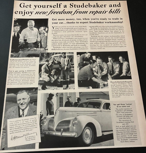 1939 Studebaker "Freedom From Repair Bills" - Vintage Original Print Ad Wall Art
