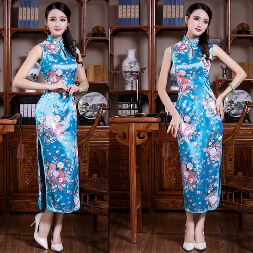 Chinese Sexy Women's Silk Satin Peacock Qipao Evening Dress Long Cheongsam S-2XL - Picture 8 of 27