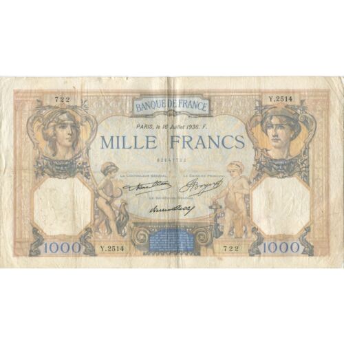 [#628095] Francia, 1000 francos, Ceres y Mercurio, 1936, 1936-07-16, en muy buen estado - Imagen 1 de 2