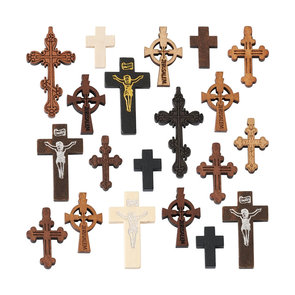 150Pcs/Box Dyed Wood Cross Pendants Wooden Charms Crafts for DIY