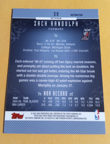 2006-07 Topps Finest Red Refractor #39 Zach Randolph - Blazers - Picture 2 of 2