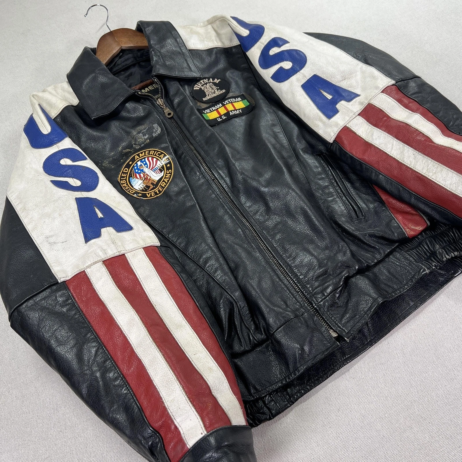 VTG Vietnam Veteran Leather Jacket Mens 4XL USA Flag MACV-SOG Patch American Top image 7