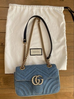 Authentic GUCCI Pearl GG Marmont Chain Shoulder Bag denim blue