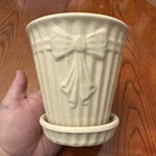 Vtg SHAWNEE POTTERY Ribbed Flower Pot Bow Attch Saucer 5.5” Planter Yellow 1940s