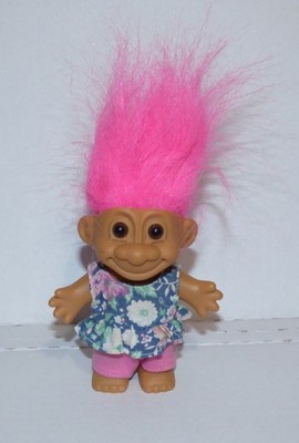 Russ Berrie 4'' Girl Troll Pink Hair Blue Floral Top Outfit - Vintage 90s
