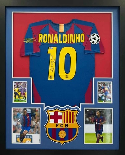 Ronaldinho Signed Barcelona Pro Style Soccer Jersey with COA Framed
