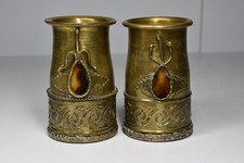 2 Vintage Brass Vases Agate Stone Inlay MCM Cup Metalware Decorative Vessel 4"