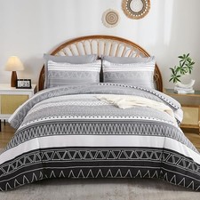 King Size Comforter Set 7 Pieces, Boho Geometric King 90   103  Grey White