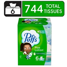 Puffs Plus Lotion Facial Tissue, 6 Family Size Boxes, 124 Tissues Per Box