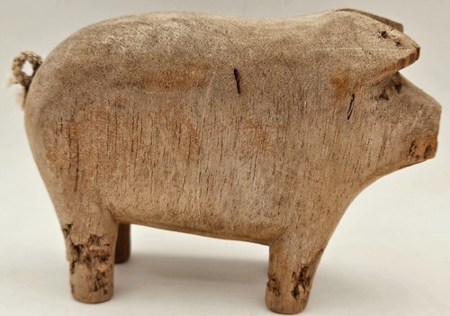 Vintage Small Hand Carved Rustic Wooden Pig Folk Art Figurine 3"