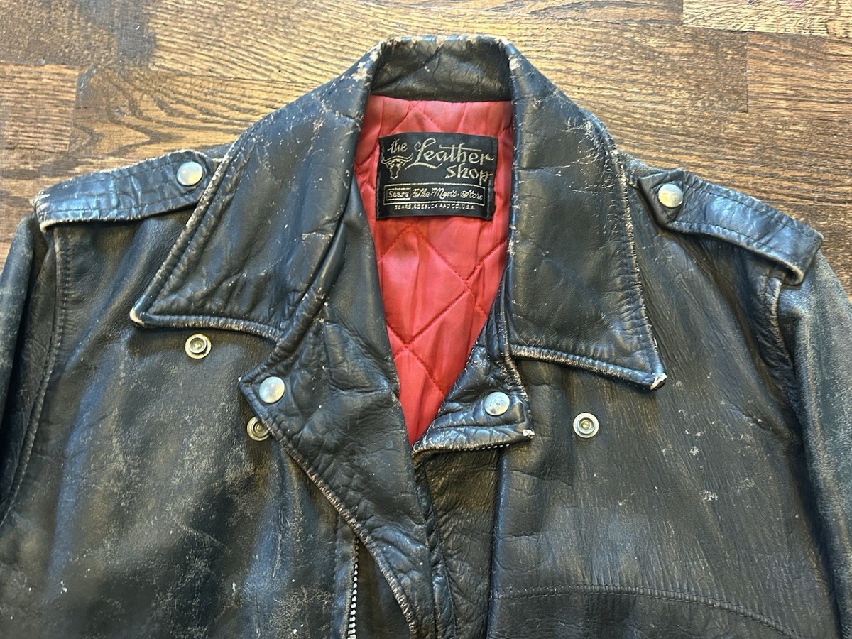 Vintage 50s 60s Leather Motorcycle Biker Jacket D Pocket
