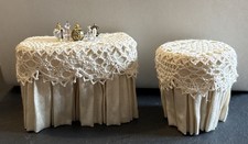 Dolls House Lace Covered Table, Accessories  and round bedroom side table