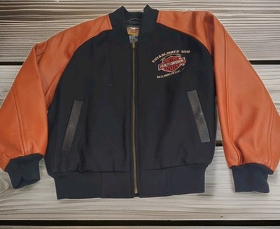 Harley Davidson Orange Black Leather Bomber Jacket Youth Size M  Milwaukee, WI 