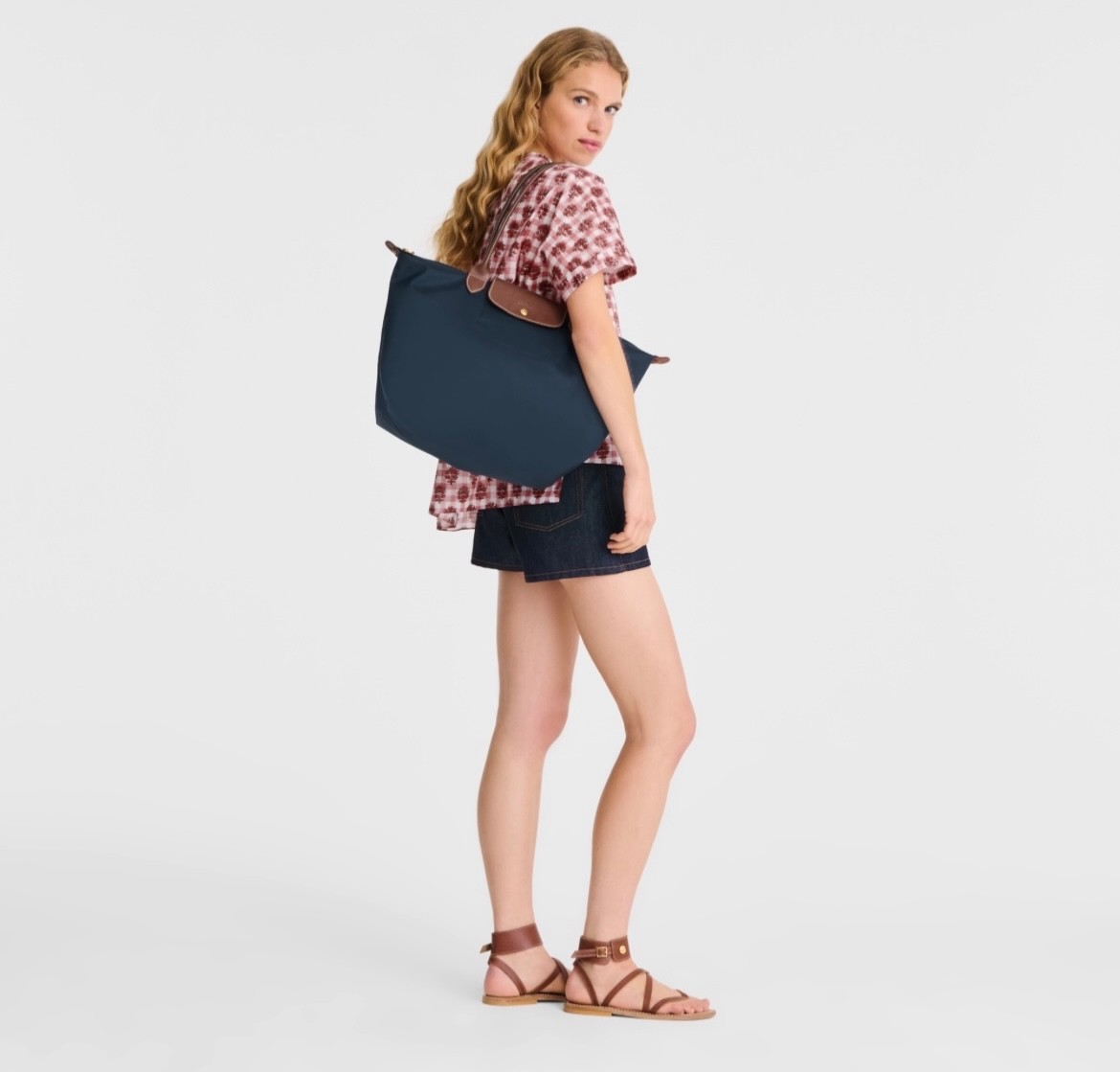 New Longchamp Le Pliage Navy blue Top Handle Large L Tote Bag Leather Trim