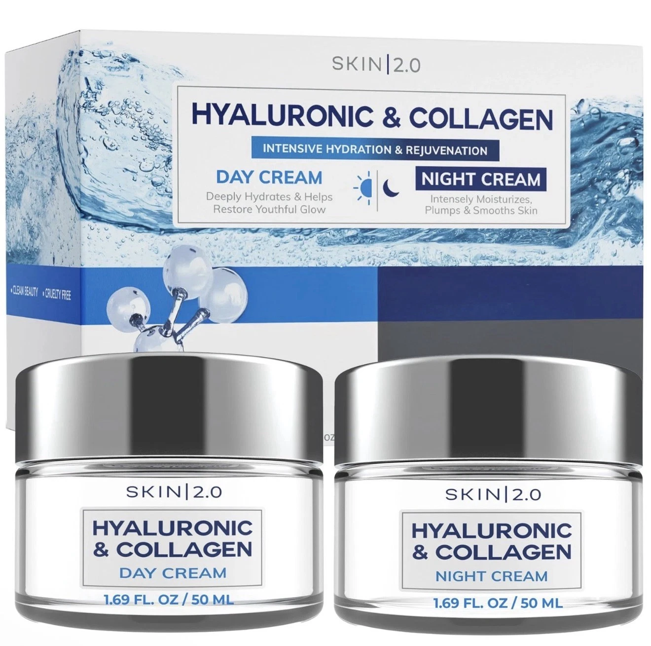 Skin 2.0 Hyaluronic & Collagen Day & Night Cream - Rejuvenation Hydration - NEW