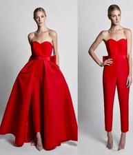 Women  s Red Formal Jumpsuit with Detachable Skirt