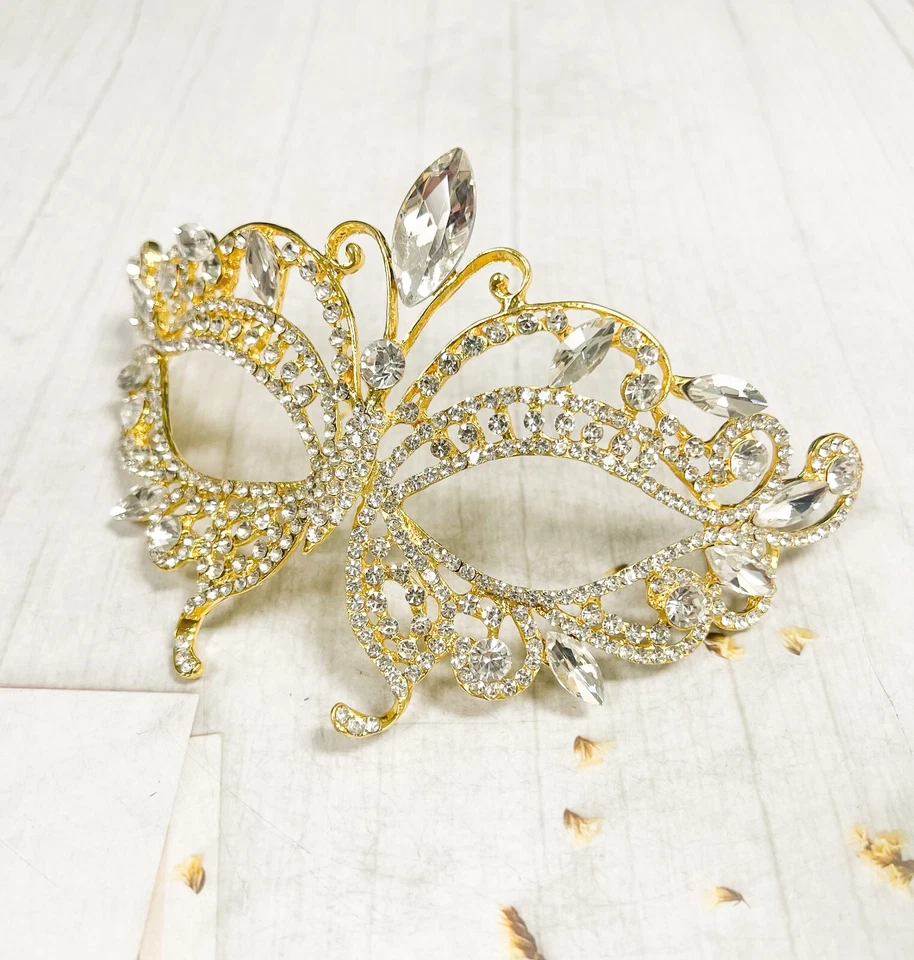 14K Gold Masquerade Mask, Wedding Mask, Butterfly Crystal Mask, Mardi Gras Mask - Image 4 of 4