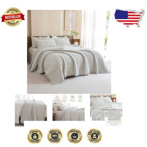 Luxurious 100% Cotton King Quilt Set - Khaki Waffle Design, 3-Piece Bedding