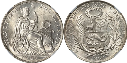 Peru 1930 Silver Sol NGC MS-64