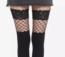 HOT TOPIC FASHION STAY UP SILICON BLACK LACE FISHNET  THIGH HIGH HARD TO FIND