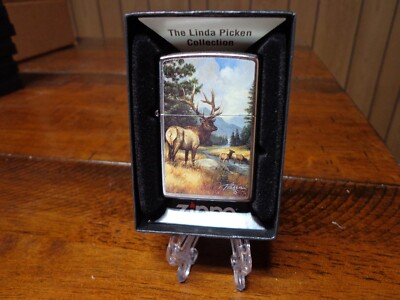 LINDA PICKEN BIG BULL ELK  AND COWS IN STREAM ZIPPO LIGHTER MINT IN BOX