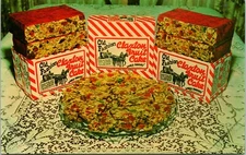 CLAXTON, GA GEORGIA, OLD FASHIONED CLAXTON FRUIT CAKE, VINTAGE CHROME POSTCARD