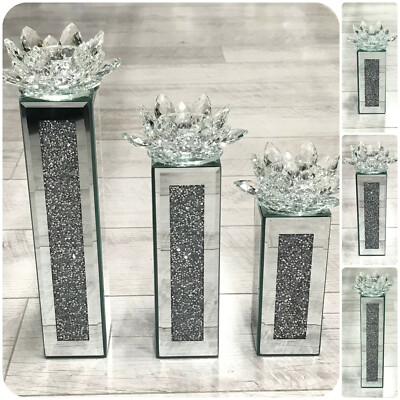 3er Set Bling Crushed Diamond Lotus Spiegel Teelicht Kerzenhalter Kristall Ständer