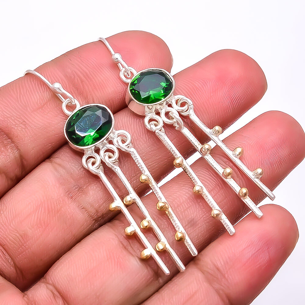 Emerald (Simulated) 925 Sterling Silver Two Tone Earring 2.15